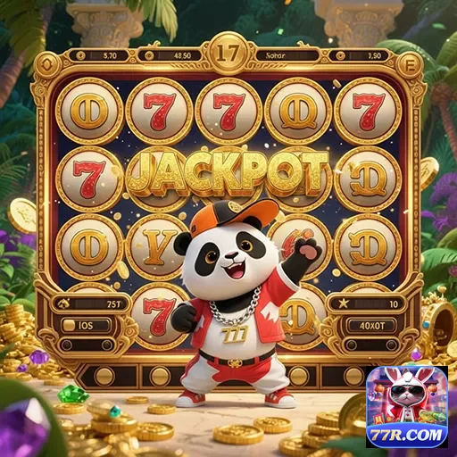 Imagem do jogo Jackpot Panda Slots no site 77r, mostrando os rolos e o panda da sorte.