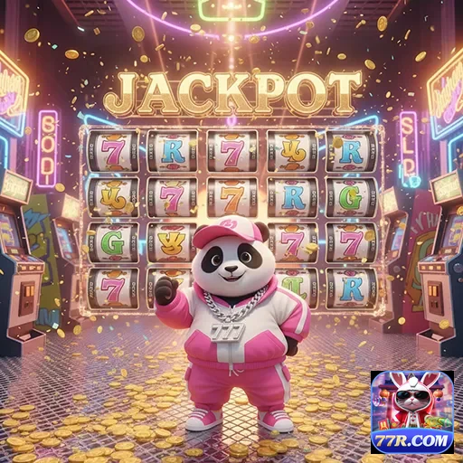 Panda sortudo em uma máquina caça-níqueis, destacado no site 77r.