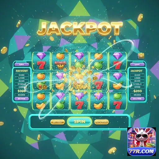 Imagem do jogo de caça-níqueis Jackpot no site 77r, mostrando símbolos e rolos vibrantes.